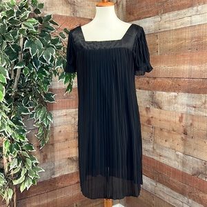 SUNHEE Black Lined Sheer Overlay Satin Finish Square Neckline Mini Dress
